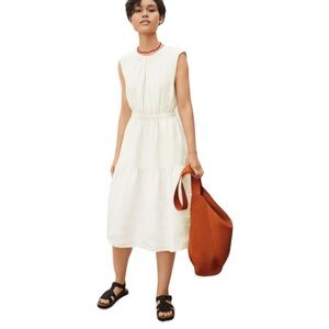 Everlane Linen Open Back Dress Size 8 Canvas Off White Tiered Midi Sleeveless